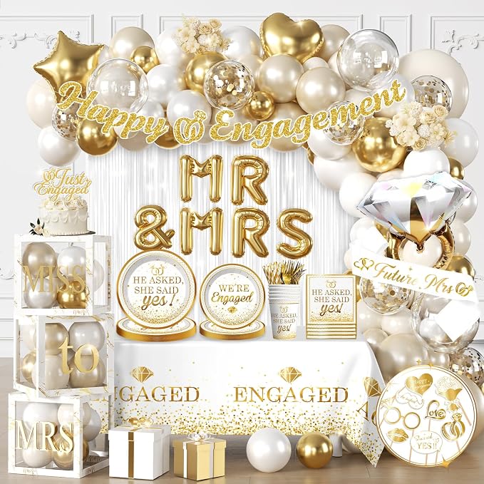 287Pcs Engagement Party Decorations, All-in-one Happy Engagement Decorations with 25 Serves Disposable Plates, 2 Pcs Waterproof Engaged Tablecloth Wedding Proposal Decorations Party Decor