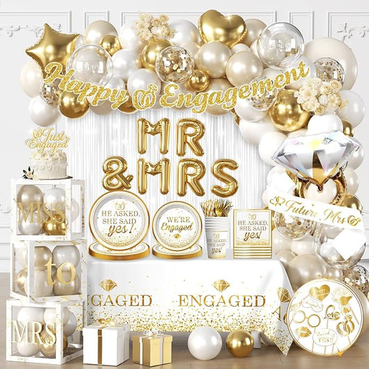 287Pcs Engagement Party Decorations, All-in-one Happy Engagement Decorations with 25 Serves Disposable Plates, 2 Pcs Waterproof Engaged Tablecloth Wedding Proposal Decorations Party Decor