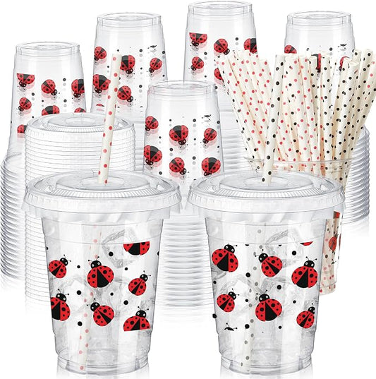 FoldTier 50 Pcs 12 oz Ladybug Disposable Plastic Cups with Straws, Lids and Leakproof Paper Clear Cups Birthday Party Supplies Birthday Table Decorations