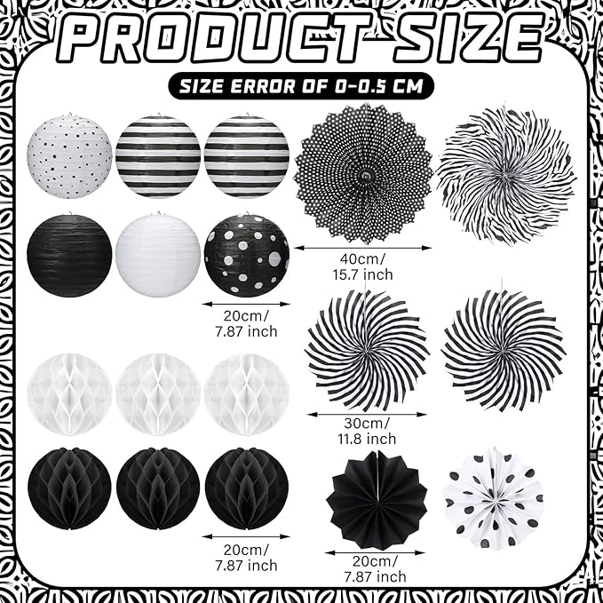 Retisee 18 Pcs Black and White Party Classroom Decoration Hanging Black White Paper Lanterns Paper Fans Honeycomb Balls Polka Dots Stripe Lanterns Decorative for School Classroom Decoration Supplies