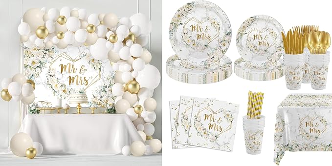 MEHOFOND White Floral Wedding Balloons Arch Kit with White Wedding Party Decorations, Mr and Mrs Paper Plates Cup and Nakpins Set, Floral Wedding Disposable Dinnerware with Tablec