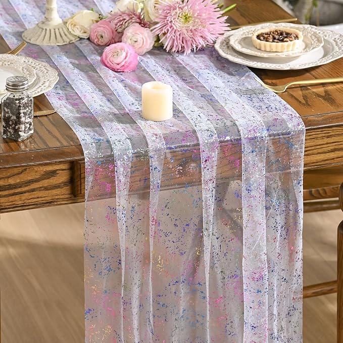 Artoid Mode 10PCS Colorful Gold Gauze Table Runner 120 Inch 10FT, Glitter Metallic Foil Sheer Dining Wedding Anniversary Holiday Birthday Table Decor for Home Party
