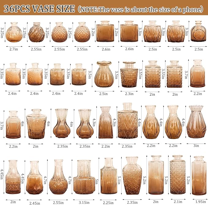 36Pcs Bud Vases Set Small Vintage Glass Bottles Bud Vases in Bulk Multiple Shape Cute Glass Vases for Rustic Wedding Centerpieces Table Decorations and Home Decor(Amber)