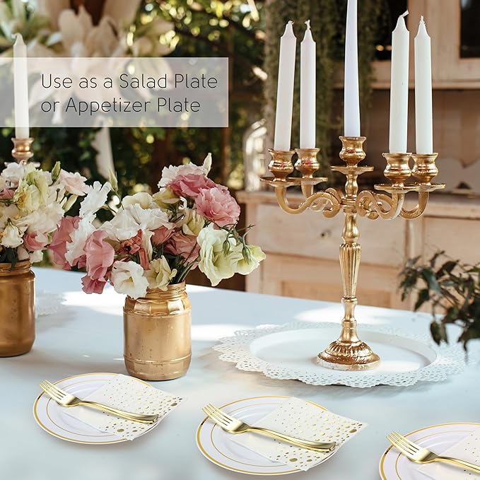 Stylish Gold Dessert Plates, Napkins and Forks, 100 7.5 Inch Wedding Cake Plates and Forks with Cocktail Napkins, Plastic Cocktail Plates for Appetizers, Gold Cake Plates for Wedding Reception