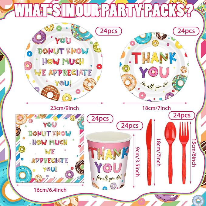 168 Pcs You Donut Know How Much We Appreciate CNA Week Gifts Bulk 2026 Party Decor Employee Appreciation Decoration Donut Thanks for All You Do Doughnut Tableware Set Serve 24 for Staff