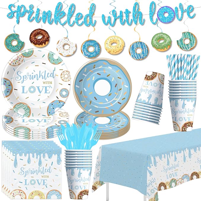 Donut Baby Sprinkle Decorations Boy, Blue Sprinkled with Love Theme Donut Baby Shower Party Supplies, Disposable Paper Plates, Cups, Napkins, Banner, Swirls, Cutlery, Tablecloth, Serves 24