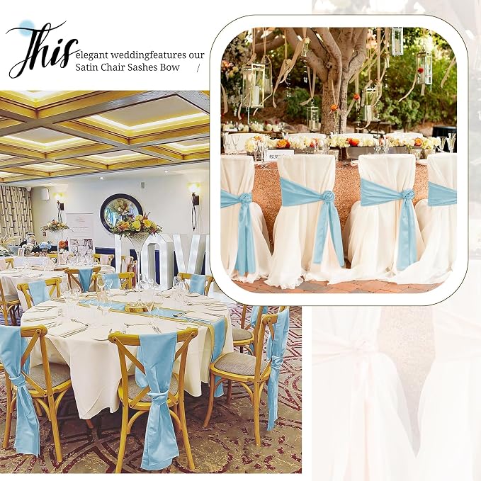 Pesonlook 60 PCS Light Blue Satin Chair Sashes Bows Satin Chair Sashes Universal Chair Cover for Wedding Reception Restaurant Event Decoration Banquet,Party,Hotel Event Decorations (7 x 108 inch)