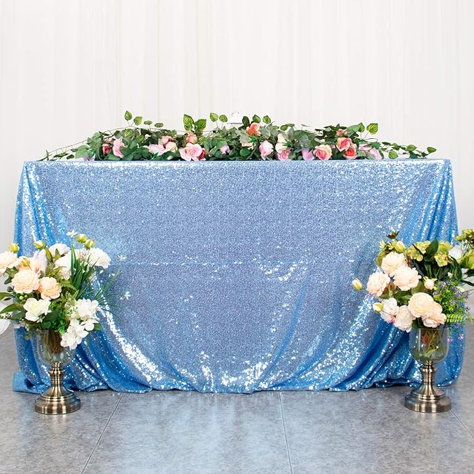 ShiDianYi Baby Blue 60x102-Inch Sequin Rectangular Tablecloth Bridal Dress Table Cloth Baby Blue Glitter Tablecloth Sequin Table Overlay for Wedding Party Birthday Decor