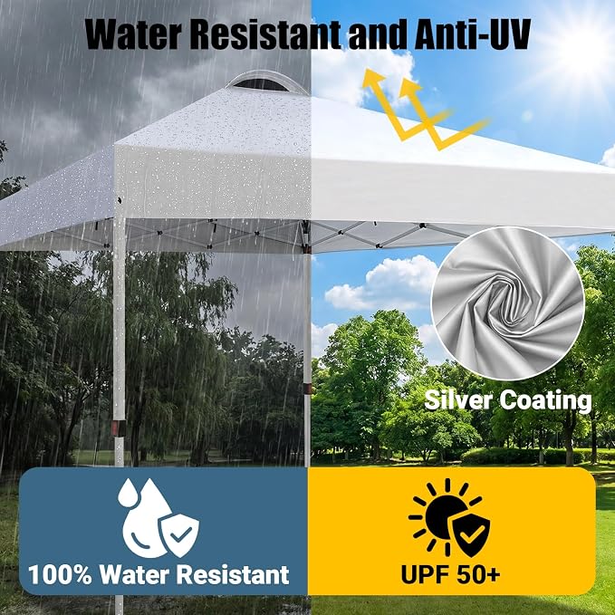 10x10 Pop Up Canopy Tent, One Push Center Lock Instant Setup Folding Shelter, High Strength Steel Frame and Handheld Carry Bag, Ground Stakes and Wind Ropes for Camping, Parties, White