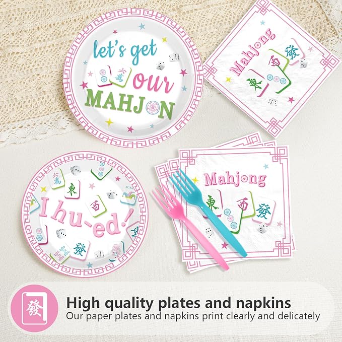 96Pcs Mahjong Party Supplies Mahjong Chinese Game Plates and Napkins Pastel Pink Green Tableware Set for Special Events Mah-Jong Game Night Girls Bachelorette Bridal Shower Birthday Supplies Serves 24