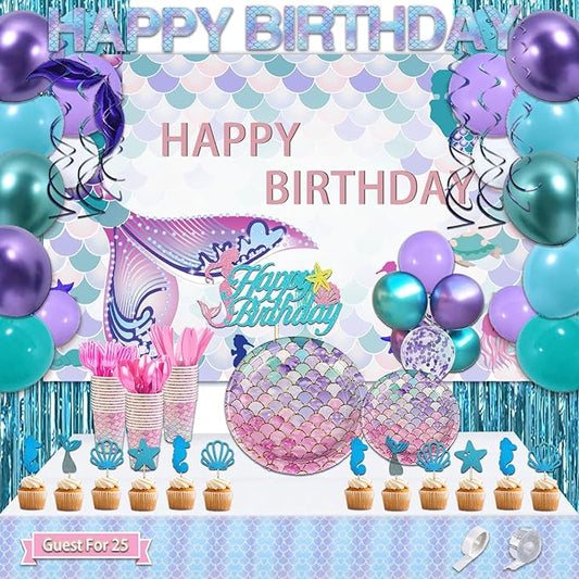 UJoyant 299 Pcs Mermaid Birthday Decorations, Mermaid Party Decorations Kit - Disposable Dinnerware Set with 25 Guests, Backdrop, Balloon, Banner, Tablecloth, Knives, Forks, Spoons, CakeTopper