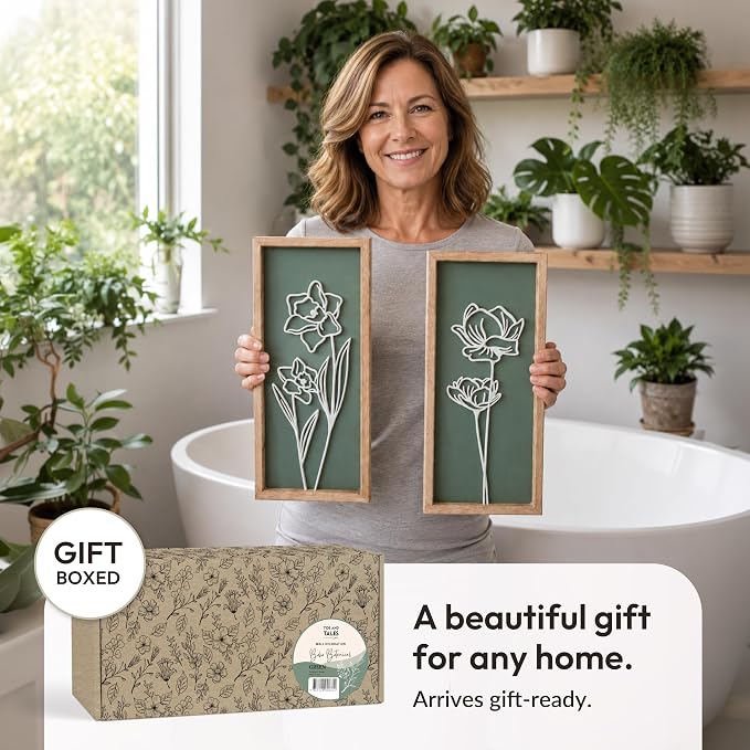 3D Floral Green Wall Art (Set of 2) Lightweight, Wooden Ready-to-Hang Boho Framed Wall Art for Bathroom, Bedroom, Living Room or Office – Premium Sage Green Farmhouse Decor – Gift-Boxed