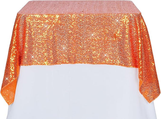 PartyDelight Sequin Tablecloth 50x50 Inch Orange Glitter Table Cloth for Party Baby Shower Christmas Decorations
