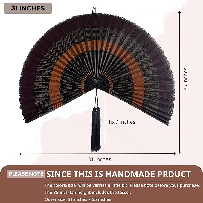 ChumDecor Fan Wall Decor, Large Bamboo Fans for Boho Hanging Headboard, Decorative Folding Fans for Over Bed, Asia Trending (Ebony 31inch)