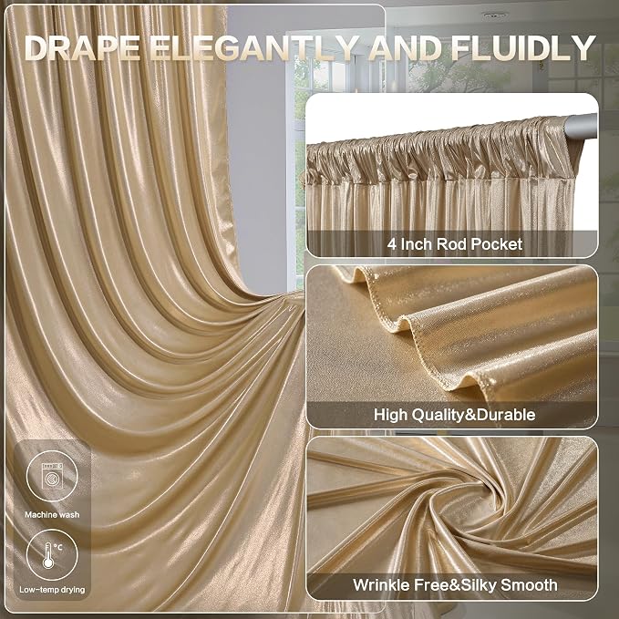 gogoparti 10x10FT Champagne Gold Sequin Backdrop Curtain - 2 Panels of 5x10FT Wrinkle-Free Glitter Drapes for Photography, Birthdays, Weddings & Graduations