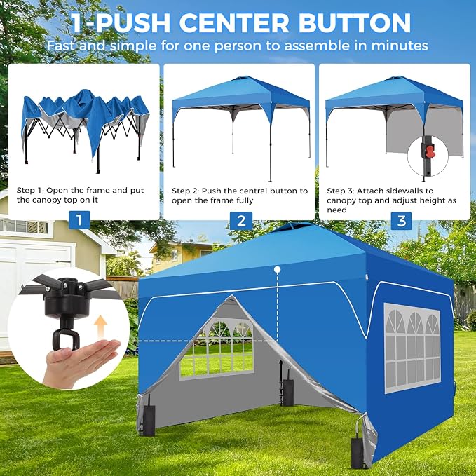 10x10FT Canopy Tent, 1-Button Push Instant Pop Up Canopy with 4 Sandbags, Easy Setup Outdoor Gazebo Shelter (Blue, 10x10 with Sidewalls)