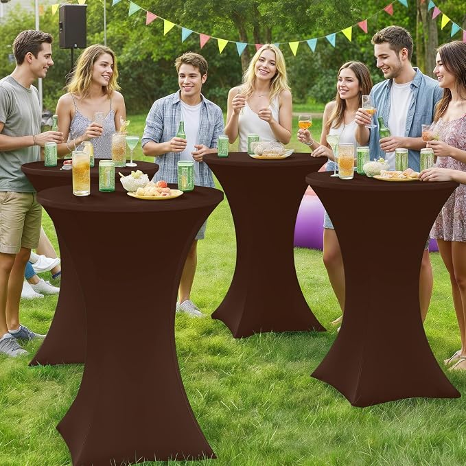 Moosfor Spandex Cocktail Table Covers 4 Pack, Elastic Fitted Stretch Table Cloth, Round High Top Tablecloths for Bar, Party, Pub, Wedding & Banquet (Coffee, 32x43 Inch)