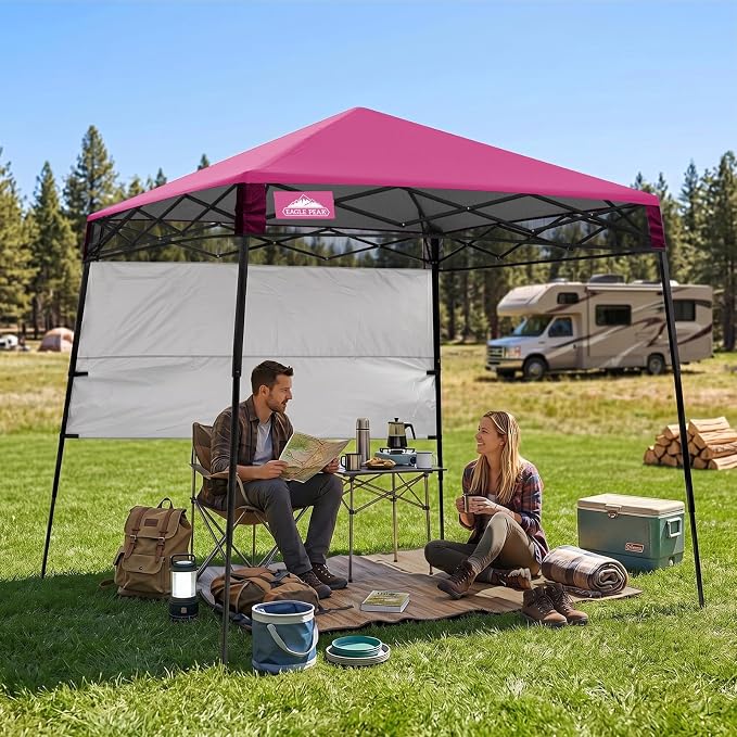 EAGLE PEAK 8x8 Pop Up Canopy Tent with Sidewall, Compact, Portable Slant Leg Instant Sun Shelter for Beach, Sports, & Camping, 8x8 Base 6x6 Top, Pink