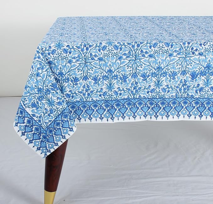 Ridhi Dark Royal Blue Hand Block Print Cotton Rectangle Tablecloth 190" x 72" inches Reusable Table Cover Decorative Everyday Use for Dining Room, Farmhouse, Home Gift for Spring, Mother's Day