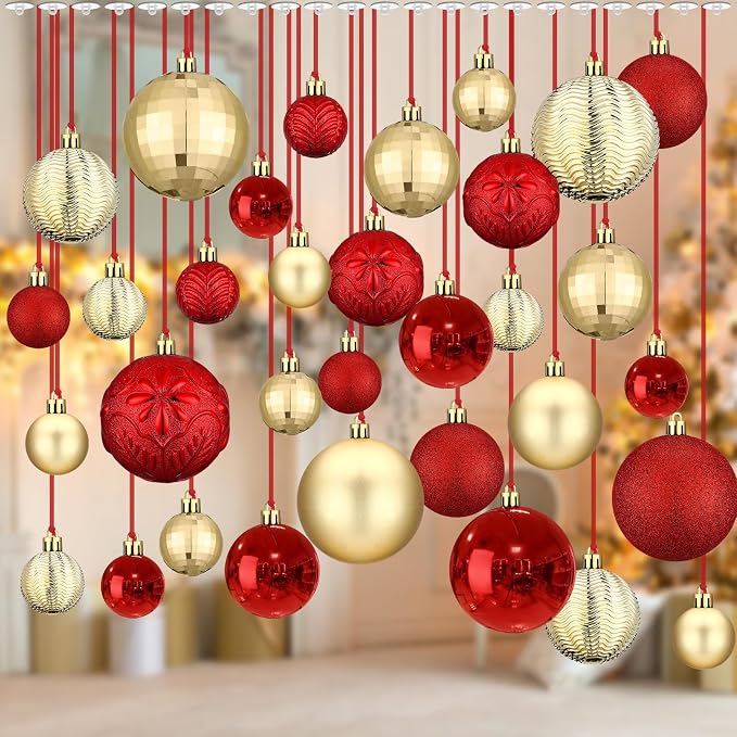 36 Pcs Christmas Balls Ornaments for Ceiling, 1.6'' 2.4'' 3.2'' Large Big Shatterproof Christmas Hanging Decorations Balls for Tree Xmas Holiday Party Indoor(Red, Gold)
