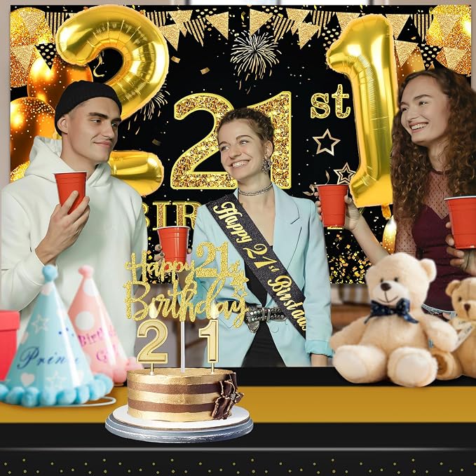 21st Birthday Decorations for Him Her with Banner, Black and Gold Table Cloth, Number Balloons, Large 21st Birthday Sash, Cake Topper and Candles