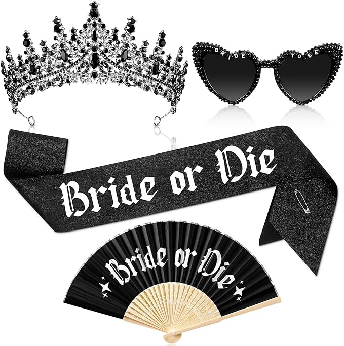 JaGely 4 Pcs Gothic Bachelorette Party Accessories Set, Bride Crystal Crown Sunglasses Sash and Fan for Bridal Shower(Bride or Die)