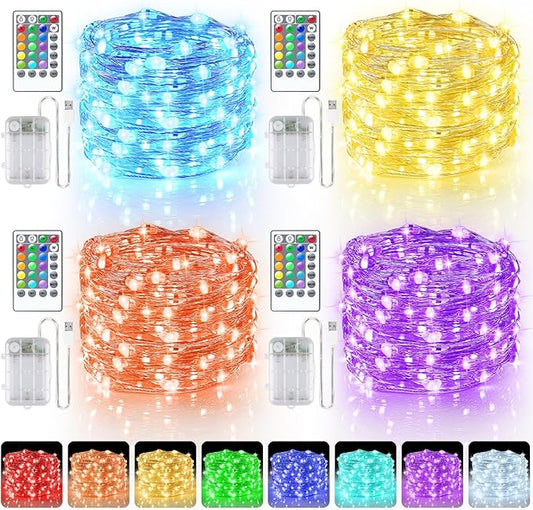 StarryEver 66ft 200LED Fairy Lights Battery Operated, 4 Pack 16.5ft 16 Color Changing String Light with Remote Timer, RGB Waterproof Twinkle Lights for Indoor Outdoor Room Gift Party Christmas Décor