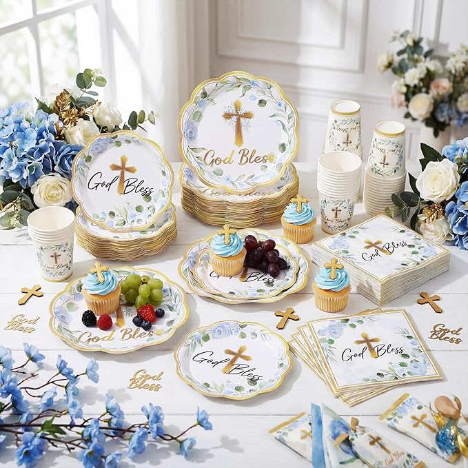 Ziliny 250 Pcs God Bless Baptism Party Tableware Set for 50 Guest First Holy Communion Decorations Blue Eucalyptus Leaves Paper Plates Napkins and Cups for Christening Baby Shower Religious