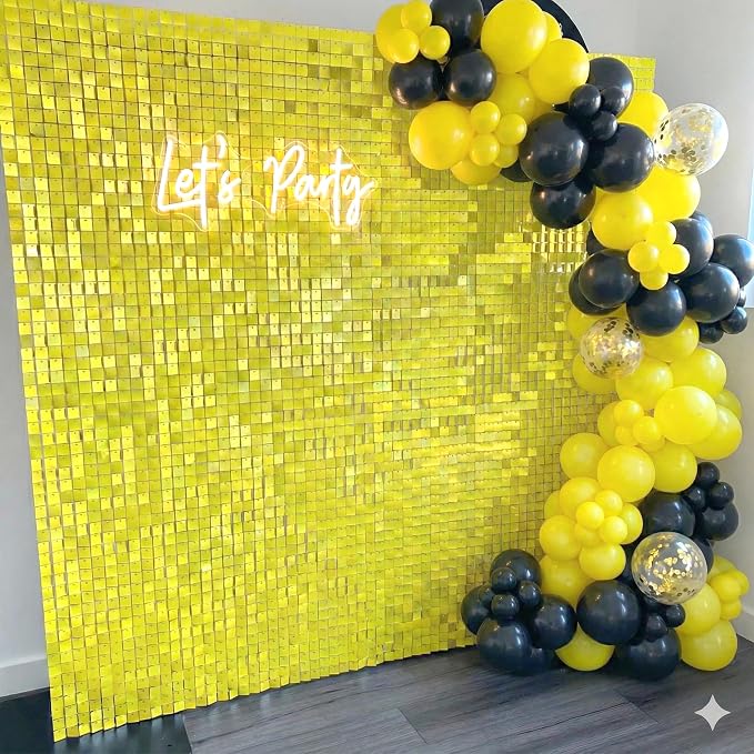 COKAOBE Yellow Shimmer Wall Backdrop, 24PCS Square Sequin Shimmer Backdrop Panel, Photo Backdrops for Birthday, Anniversary, Wedding, Graduation & Bachelorette Party Decoration