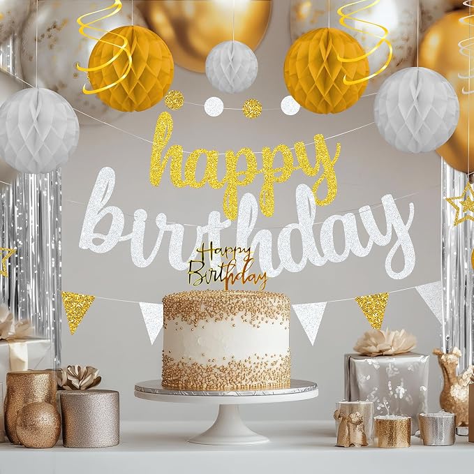 Gold and Silver Birthday Party Decorations Set - Happy Birthday Banner Balloons Foil Curtains Hanging Swirls for Men Women Birthday Party Supplies