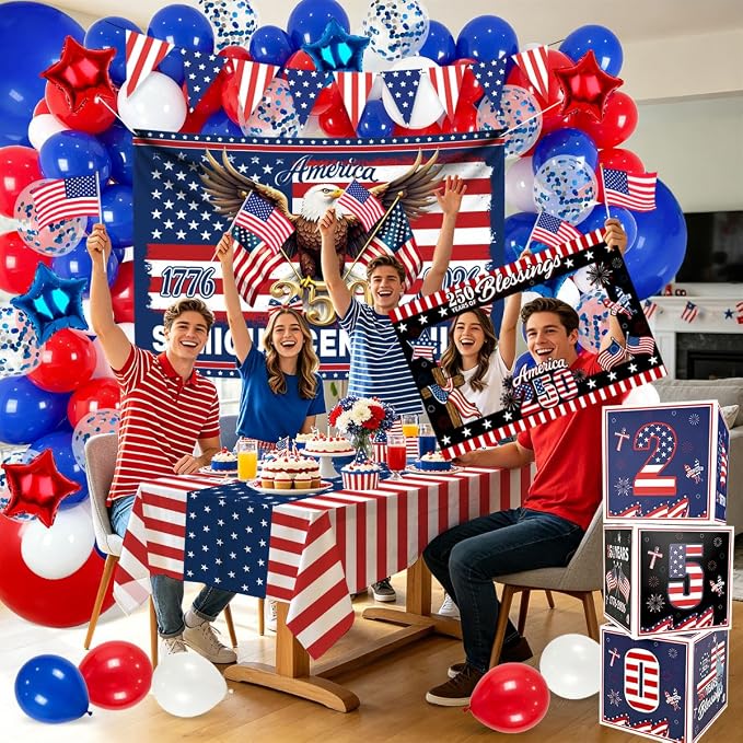 170Pcs 250th Anniversary Decorations, ALL-IN-1 Patriotic Party Supplies Red White Blue Balloon Arch American 250 Decorations Backdrop for 4th of July Independence Day Semiquincentennial Celebration