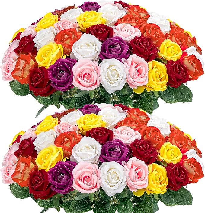 Auihiay 60PCS Artificial Roses, Mix Color Tinted Roses, Velvet Silk Roses, Realistic Artificial Flowers for Valentine's Day Gift, Wedding Ceremony Decor, Baby Shower Flower Decorations