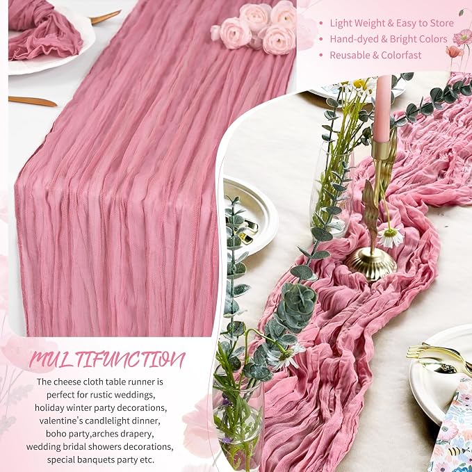 18 Pack Dusty Rose Cheesecloth Table Runner 17 x 108 inch Boho Gauze Table Runner Rustic Sheer Cheese Cloth Table Decorations for Wedding Party Baby Bridal Shower Birthday Holiday Home