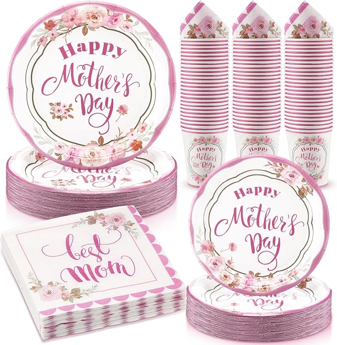 Jenaai 200 Pcs Mother's Day Tableware Set Serve for 50 Guests 9" Dinner Plates 7" Dessert Plates Paper Cups and Napkins Set for Happy Mother's Day Gifts Dinnerware Tableware Disposable Party Supplies