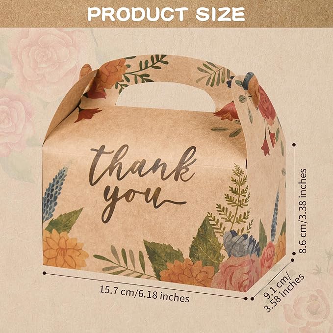 DjinnGlory 36 Pack Brown Kraft Party Favor Treat Boxes for Wedding, Bridal Shower, Annivesary, Christmas and all Occasion, Floral Thank You Gable Boxes for Small Business 6.18x3.58x3.39 Inches