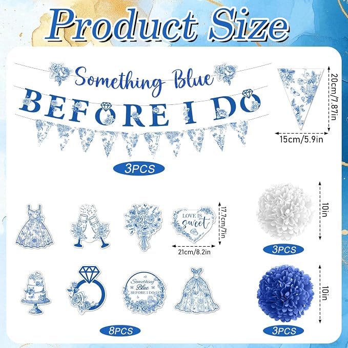 Rakuto Something Blue Before I Marry Bridal Shower Decorations, Something Blue Before I Say I Do Banners Hanging Swirls and Paper Pom Poms, Bachelorette Party Decorations