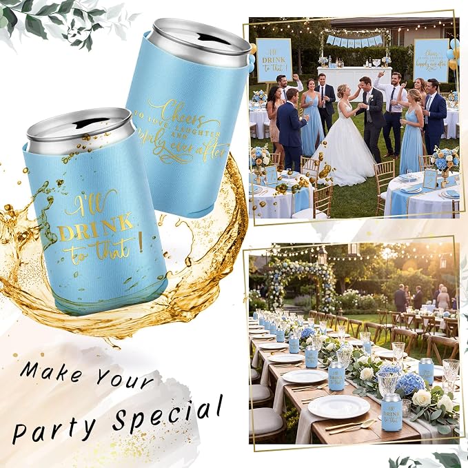SiliFine 101 Pcs Blue Wedding Can Cooler Bulk Engagement Party Favors for 100 Guests Cheers to Love Laughter, and I'll Drink Can Cooler with Wooden Wedding Table Sign Bridal Shower Favor