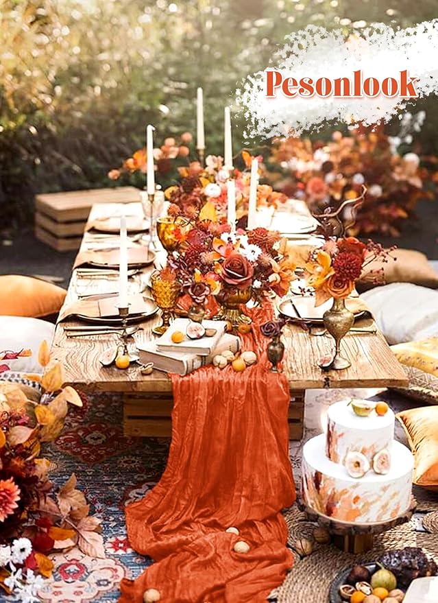 Pesonlook 12 Pack Orange Cheesecloth Table Runner, 10FT Cheesecloth Rustic Boho Table Runner Long Romantic Semi Sheer Table Runner for Wedding Birthday Bridal Shower Party Decorations(21.5×120 Inch)