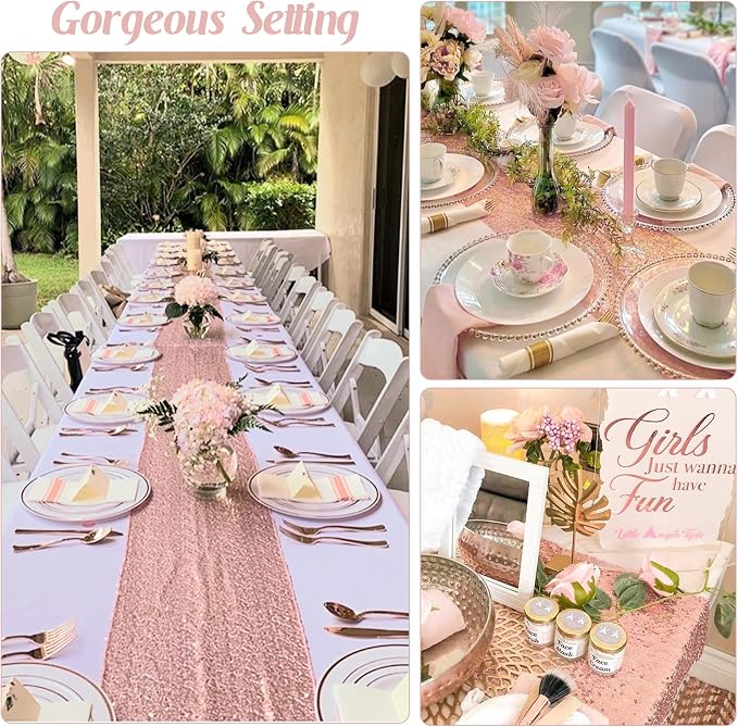 6 Pack Rose Gold Valentine's Day Sequin Table Runner Sequin Table Cloths 12" x 72" Sparkle Table Runner for Baby Bridal Shower Wedding Birthday Party Table Decor (Rose Gold)