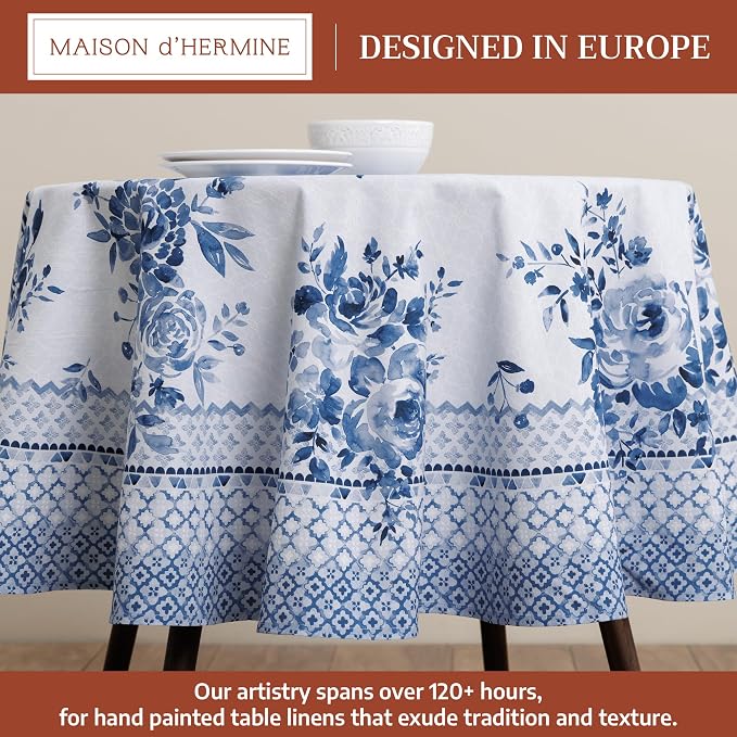 Maison d' Hermine Table Cloth Round Table 100% Cotton 63 Round Inches Tablecloth Reusable Decorative for Dining Kitchen Room Farmhouse Party Home Hotel Restaurant Spring Summer - Rose Garden - Blue