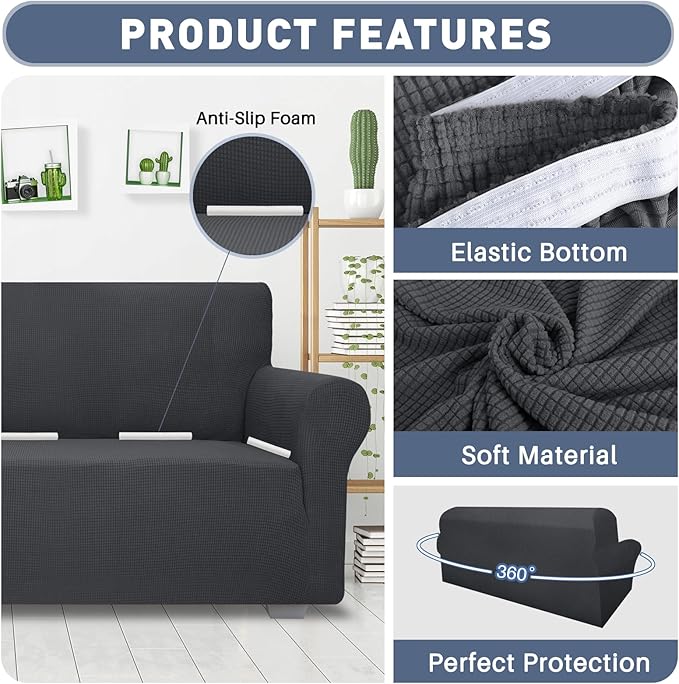 JIVINER Super Stretch Chair Sofa Slipcovers 1-Piece Jacquard Chair Covers for Living Room Soft Anti Slip 1 Seater Couch Furniture Protector Small Checks for Kids Pets (Chair, Grey)