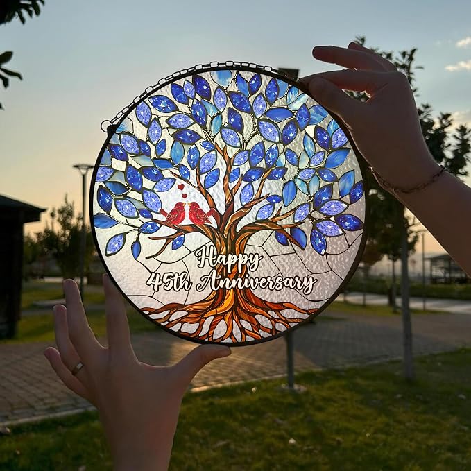 45th Wedding Anniversary Stained Glass Suncatcher, 6x6' Anniversary Decorations, 45th Celebration Marriage Gifts for Parents, Couple, Wife & Husband, 45 Wedding Milestone Keepsake