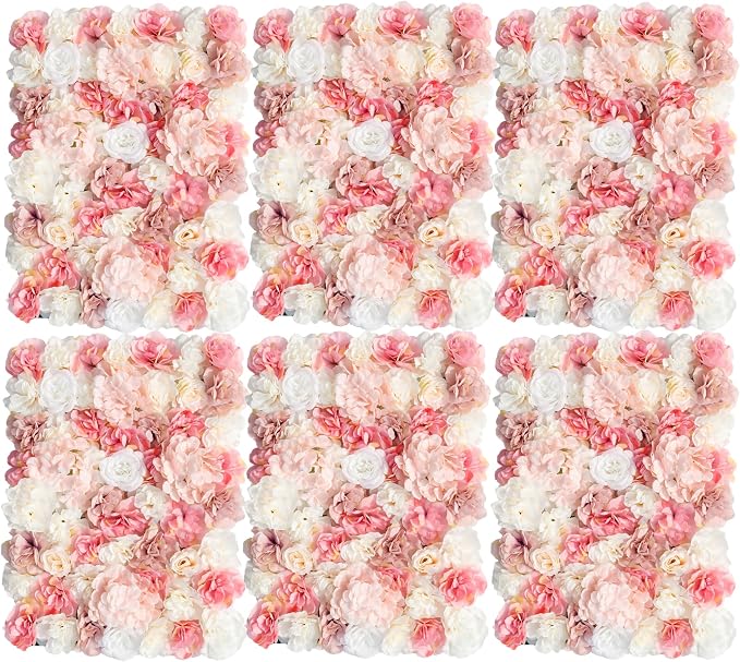 3D Flower Wall Backdrop 6 Pack, 24x16 Inch Blush Pink & Ivory Artificial Rose Panels, Polyester Material for Wedding, Party, Photo Studio, Home & Fence Decor