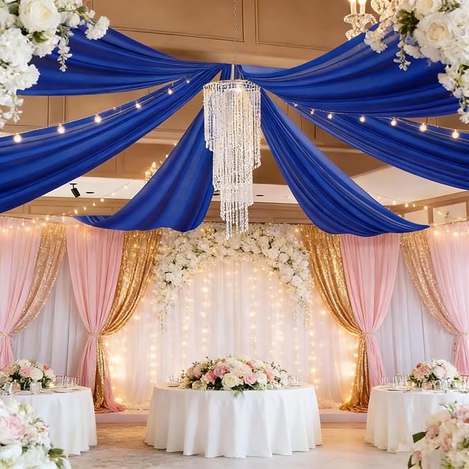 DUOBAO Royal Blue Chiffon Ceiling Drapes 5FTx30FT 6 Panels Sheer Canopy Drapes for Valentine's Day Wedding Party Event Ceiling Decor