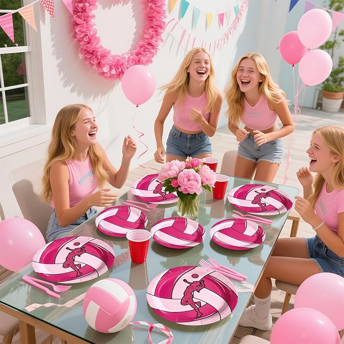 Grencian 96Pcs Pink Volleyball Party Supplies Volleyballs Paper Plates and Napkins Sports Birthday Party Disposable Tableware for Girl Volleyball Birthday Decorations Serves 24