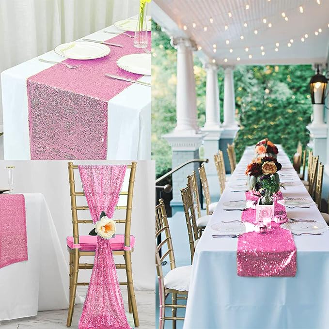 12 Packs 12 X 72 Inch Pink Sequin Table Runner Glitter Dining Table Runner for Birthday Wedding Engagement Bridal Baby Shower Bachelorette Holiday Celebration Party Supplies Decorations (Pink)