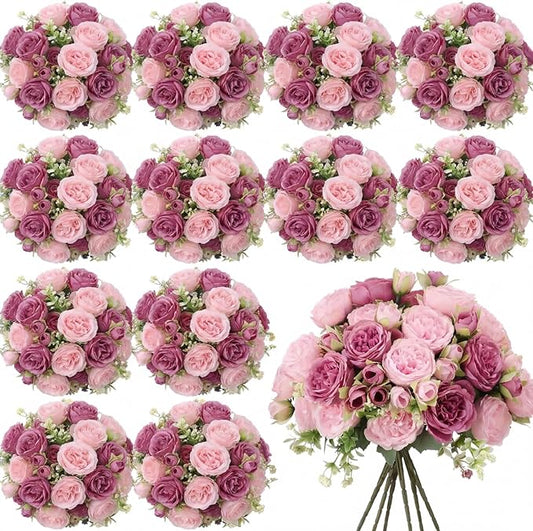 Geosar 24 Bundles Artificial Peonies Flowers Fake Silk Peony Bouquet Faux Peonies Flower Bulk for Decoration Vase Floral Arrangements Wedding Party Table (Russet Red,Light Pink)