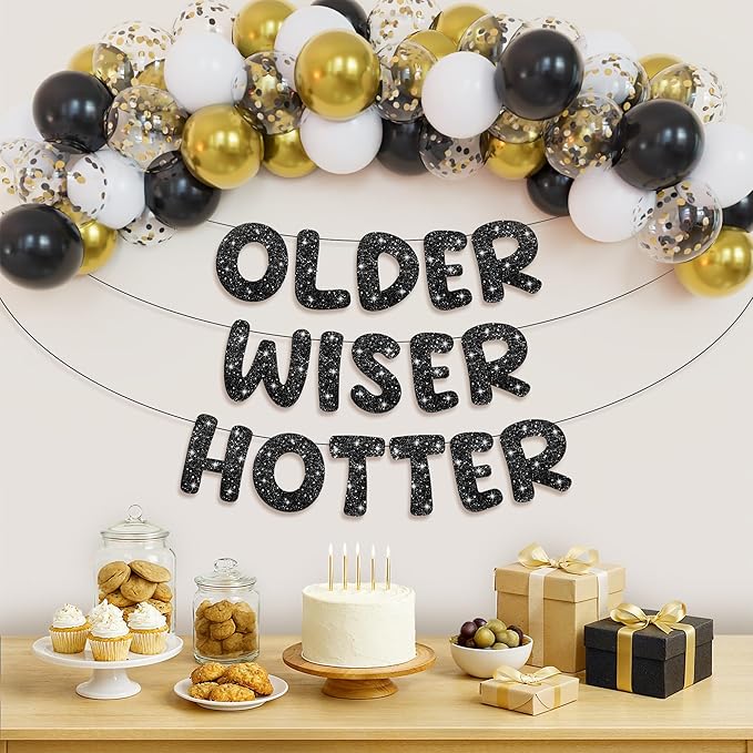 KatchOn, Older Wiser Hotter Birthday Decorations – Pack Of 51 | Black Happy Birthday Decoration Banner, Balloon Arch kit | Birthday Decorations for Men, Women | 60th 70th 50th Birthday Banner Backdrop