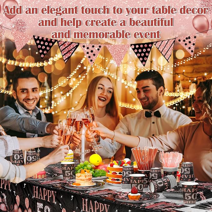 Funnymoom 452 Pcs 50th Birthday Decorations for Women Black and Rose Gold 50th Birthday Paper Plates Cups Napkins Tablecloth Cutlery Straws for Girls Women 50 Year Old Party Supplies for 50 Guests