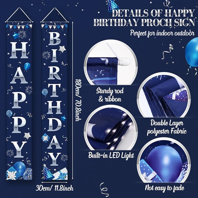 Breling Happy Birthday Banner with Lights 71 x 12 Inch LED Happy Birthday Decoration Door Banner Party Porch Sign Outdoor Indoor Hanging Supplies for Women Men(Blue Silver)